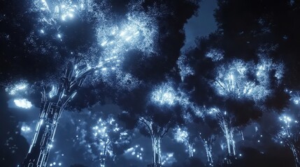 Canvas Print - Futuristic forest with mechanical trees glowing chrome leaves and holographic pollen floating through the air