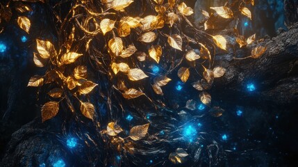 Canvas Print - Nature-inspired wallpaper with glowing crystalline vines and golden leaves floating in a soft blue glow
