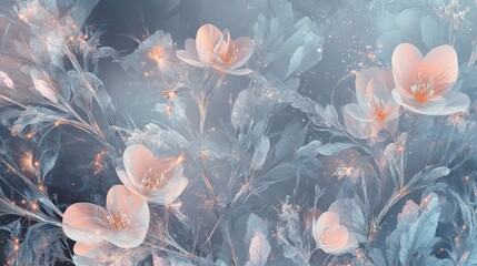 Wall Mural - Otherworldly floral wallpaper with crystalline stems and glowing silver filaments in hypnotic patterns