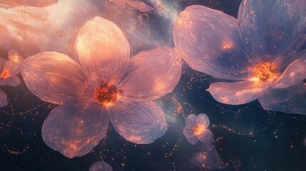 Canvas Print - Mystical floral backdrop with translucent crystal petals and glowing vines in a nebula background