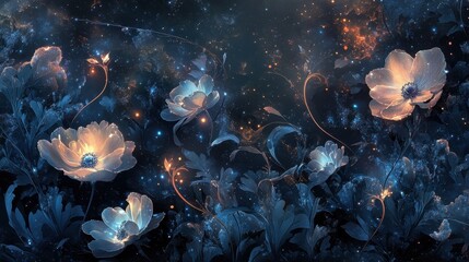 Canvas Print - Cosmic floral wallpaper with glowing tendrils and intricate layered plants under a dark nebulous sky