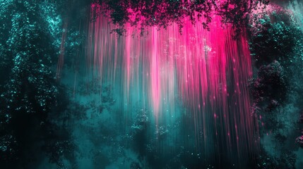 Wall Mural - Cyber nature wallpaper with glitchy tree silhouettes and neon pink and teal streaks flowing through bark