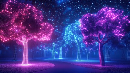 Wall Mural - surreal cyber jungle background with organic trees turning into wireframe structures and neon pixel 