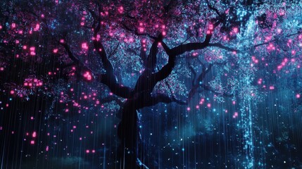 Canvas Print - Cyber botanical wallpaper with glowing circuit-infused trees and pixel rain in a surreal atmosphere