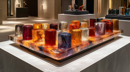 Colorful Glass Cylinders Displayed on Crystal Tray in Modern Gallery