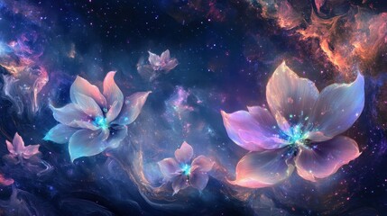 Wall Mural - cosmic garden wallpaper with glowing bioluminescent flowers floating in space and glowing petals pul