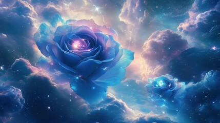 Wall Mural - Dreamlike garden wallpaper with glowing celestial roses drifting gently in space surrounded by cosmic clouds and stardust
