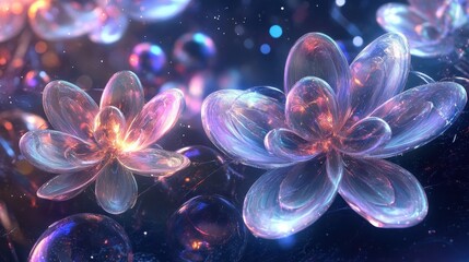 Canvas Print - Celestial wallpaper with crystalline blossoms floating in space glowing glass-like petals and tiny luminous orbs