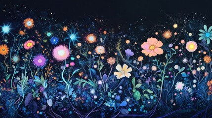 Canvas Print - Cosmic garden wallpaper with glowing bioluminescent flowers and radiant dust particles in a surreal atmosphere