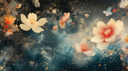 Canvas Print - Magical cosmic nature wallpaper with glowing flowers outlined in stardust blending into a watercolor galactic mist