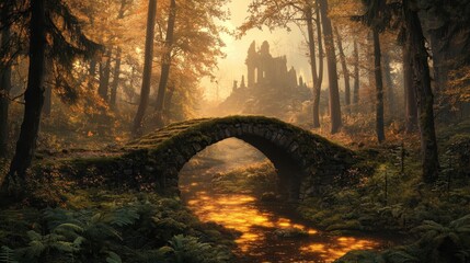 Wall Mural - Forest backdrop with evergreens stone bridge ruins and golden dawn haze