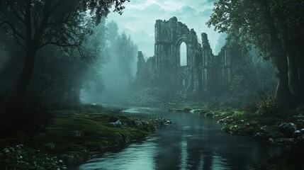 Wall Mural - Medieval forest wallpaper with deep glades fog and moonlight over mossy river
