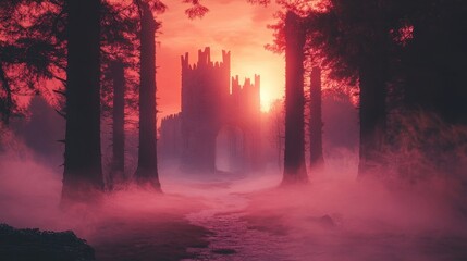 Wall Mural - Woodland backdrop with crimson sunset towering cedars and ancient ruins