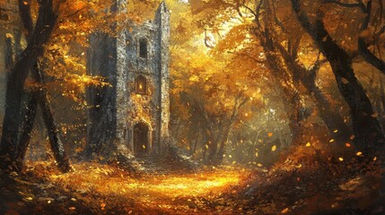 Wall Mural - Fantasy woodland backdrop with glowing torches and autumn leaves around keep