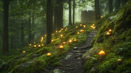 Wall Mural - Enchanted forest wallpaper with glowing mushrooms and ivy-covered crumbling fortress