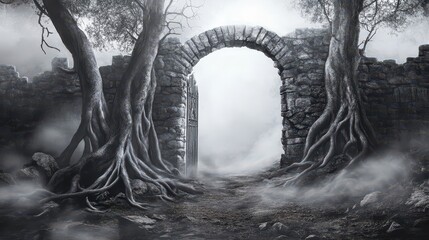 Wall Mural - Romantic fantasy background with tree roots mist and soft moonlight over forest