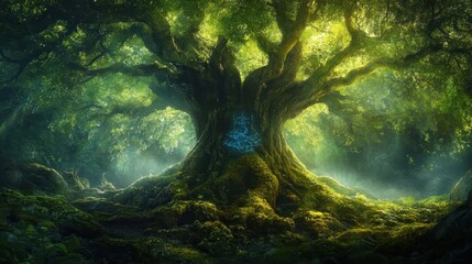 Wall Mural - Ancient tree wallpaper with glowing runes and mist filtering through dense leaves