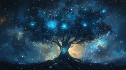 Wall Mural - Cosmic tree backdrop with glowing runes celestial orbs and dreamlike painterly textures