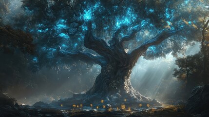 Wall Mural - Fantasy tree wallpaper with glowing leaves rune-etched stones and soft mist rolling