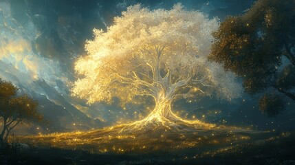 Wall Mural - Dreamlike ancient tree wallpaper with glowing runes and mist around luminous roots