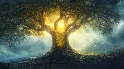 Wall Mural - Enchanted mystical tree wallpaper with golden inscriptions and radiant glowing portal