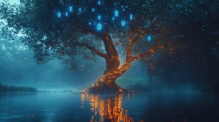 Wall Mural - Sacred tree backdrop with glowing runes mist and golden light over mystical forest