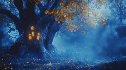 Wall Mural - Enchanted ancient tree backdrop with glowing sapphire runes and golden leaves in mist