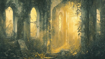 Wall Mural - Overgrown ruins wallpaper with ivy-covered skyscrapers and golden sunlight in ruins