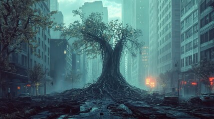 Wall Mural - Dreamlike abandoned city with glowing vines tree roots and mist-shrouded skyscrapers