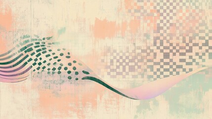 Wall Mural - Abstract checkered grid disintegrating into curves pastel tones and halftone textures