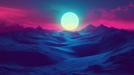 Wall Mural - Synthwave desert wallpaper with glowing dunes and nostalgic comic print style