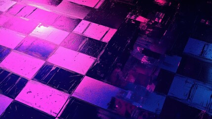 Wall Mural - neon checkerboard wallpaper with glitch effects in blue and magenta hues