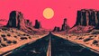 © javier - Backdrop of a desert highway surrounded by mesas deep amber hues and halftone sky effect