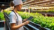 © PB Studio - researcher analyzing data on a tablet while standing in front of a vertical farming system, highlighting the integration of technology and agriculture. researcher, data analysis, tablet, vertical