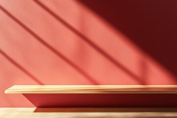Poster - Empty wooden shelf on a red wall with light and shadow: minimalist interior design