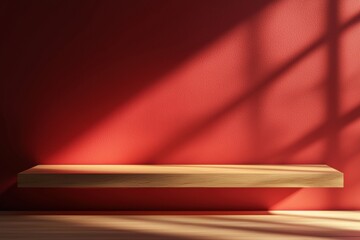 Poster - Empty wooden shelf on red wall with window shadow creating high-end atmosphere