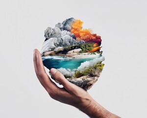 Leinwandbilder - Eco-Conscious Creativity Digital Metamorphosis of Landscape in Human Hand - Immersive Climate Innovation and Sustainable Visual Storytelling