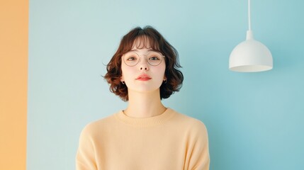 Poster - Soft Minimalist Portrait Gen Z Creative Professional in Pastel Color-Block Studio Setting - Authentic Personal Branding and Contemporary Workplace Aesthetics