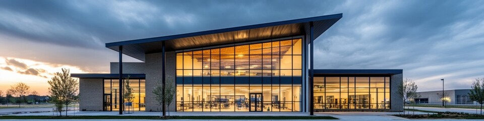 Poster - Sustainable Corporate Architecture Modern Glass-Fronted Office Complex Showcasing Minimalist Design, Energy Efficiency, and Next-Gen Workplace Innovation for Digital Transformation Era
