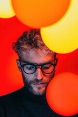 Aufkleber - Vibrant Digital Mindfulness Dynamic Color-Blocked Portrait of Millennial Creative Professional with Minimalist Eyewear - Emotional Intelligence and Design Innovation
