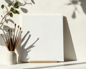 Aufkleber - Minimalist Creative Sanctuary Soft-Light Studio Setup with Pristine Canvas and Artisan Brushes - Inspiring Workspace for Modern Visual Storytellers