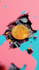 Aufkleber - Decentralized Finance Revolution Golden Bitcoin Emerging from Digital Landscape - Next-Gen Cryptocurrency Investment and Blockchain Technology Visualization