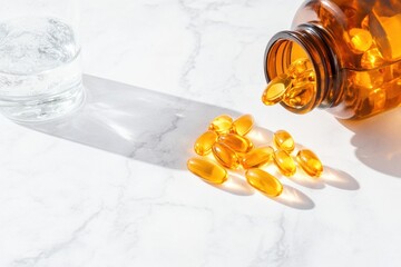 Poster - Minimalist Wellness Essentials Golden Omega-3 Supplements in Soft Morning Light - Holistic Nutrition and Self-Care Lifestyle Imagery for Modern Health Enthusiasts