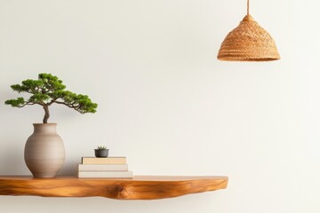 Aufkleber - Japandi Zen Home Decor Minimalist Wooden Floating Shelf with Bonsai and Organic Textures - Contemporary Interior Design Inspiration for Mindful Living Spaces