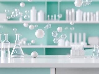 Fototapete - Quantum Genomics Visualization Minimalist Scientific Innovation with Floating Molecular Spheres - Next-Gen Research Lab Aesthetic for Precision Medicine Branding