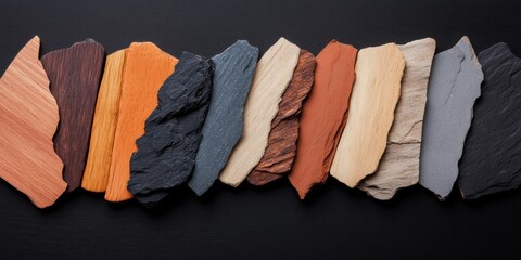 Poster - Tactile Material Diversity Innovative Design Palette Showcasing Textural Wood, Stone, and Ceramic Samples for Sustainable Architecture and Creative Industrial Branding