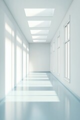 Poster - Minimalist Healthcare Design Sterile White Medical Corridor Showcasing Modern Architectural Wellness Environments with Clean Aesthetic and Healing Light Dynamics