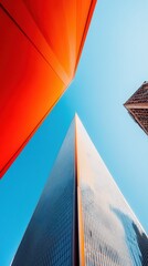 Poster - Urban Geometric Symmetry Vibrant Architectural Perspective Showcasing Modern Corporate Landscape with Minimalist Design and Dynamic Color Blocking