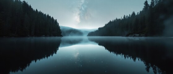 Wall Mural - A serene lake shrouded in mist reflects the surrounding forest and a starry sky, capturing the tranquility of nature at dusk.