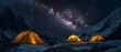 © Jittapon - Serene Starry Night at Mountainous Campsite Adventure Expedition with Glowing Milky Way Galaxy and Silhouetted Tents Under Dramatic Landscape